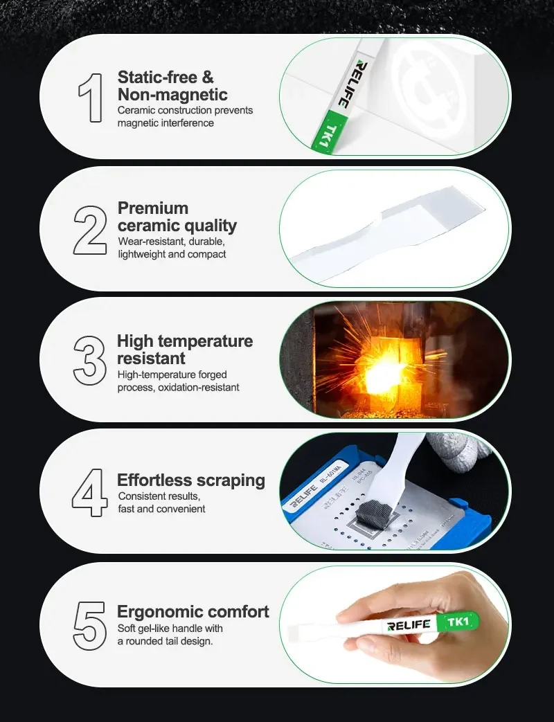 RELIFE TK1 Ceramic Solder Scraper Non Magnetic Anti Static High Temperature Blade for Phones Motherboard CPU Oxidation Removal