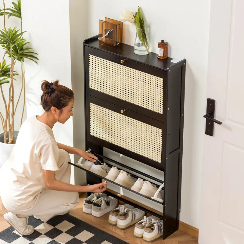 Light luxury bamboo multi-layer shoe cabinet, plastic woven breathable door shoe cabinet, flip top door ultra-thin shoe cabinet