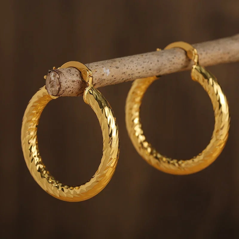 

European Newest Model Geometric Gold Plated textured Round Hoop Earrings