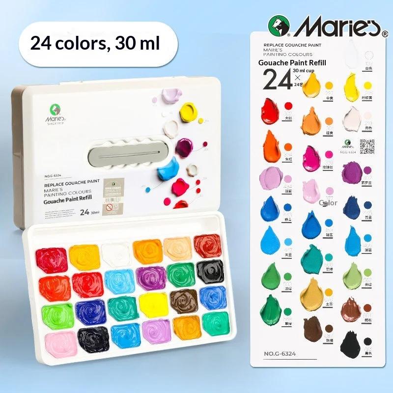 Marie's New White Box 24 Colors 30ml Jelly Gouache Paint Set Portable Pigment for Student Art Exam Sketch Painting Supplies