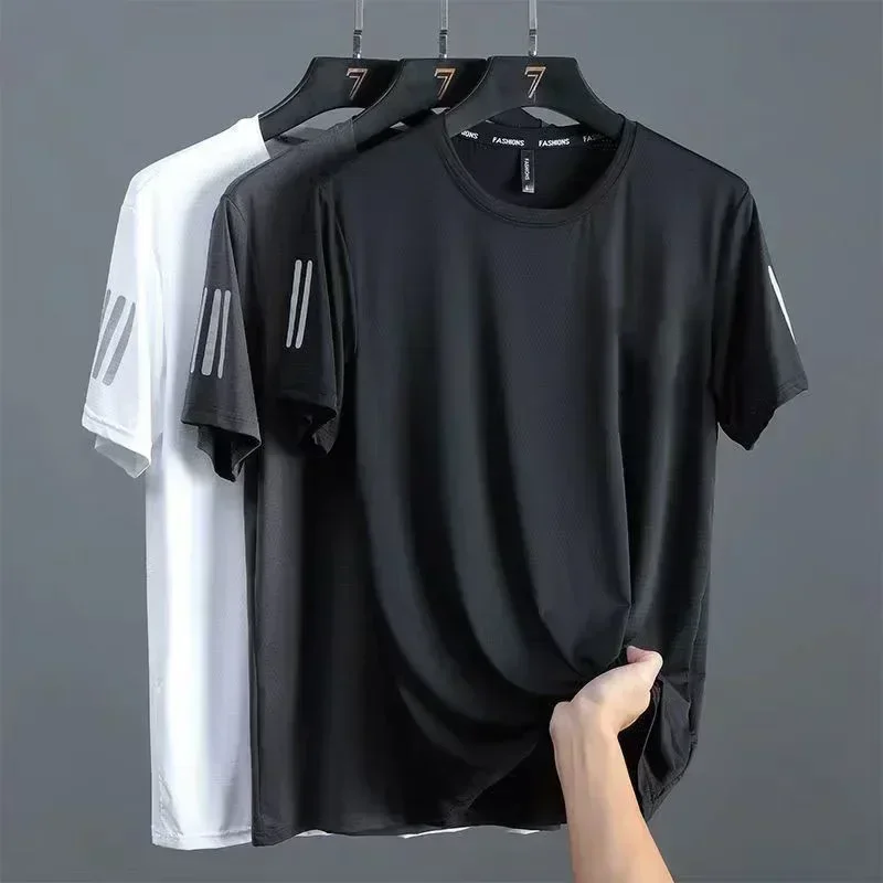 

Summer Ice Silk T-shirt Men's Round Neck Quick Drying Short Sleeves Breathable Half Sleeve Top Men's Sport Loose Tee