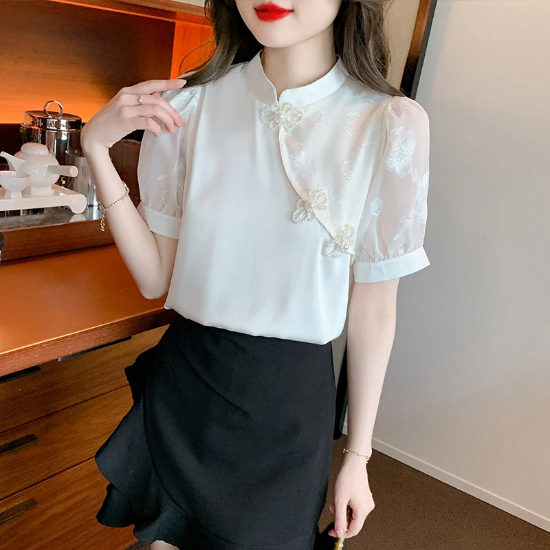 Summer Short Sleeve Women's Chiffon Blouse 2023 New Retro Buckle Graceful Satin Shirt Top