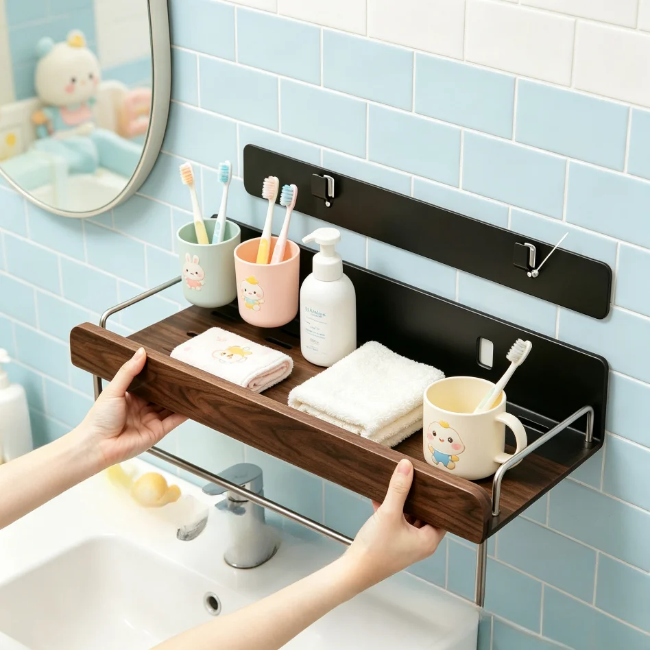 Wall Mount Punch Free Bathroom Storage Rack, Upgraded Removable Walnut Wood Shower Organizer Holder