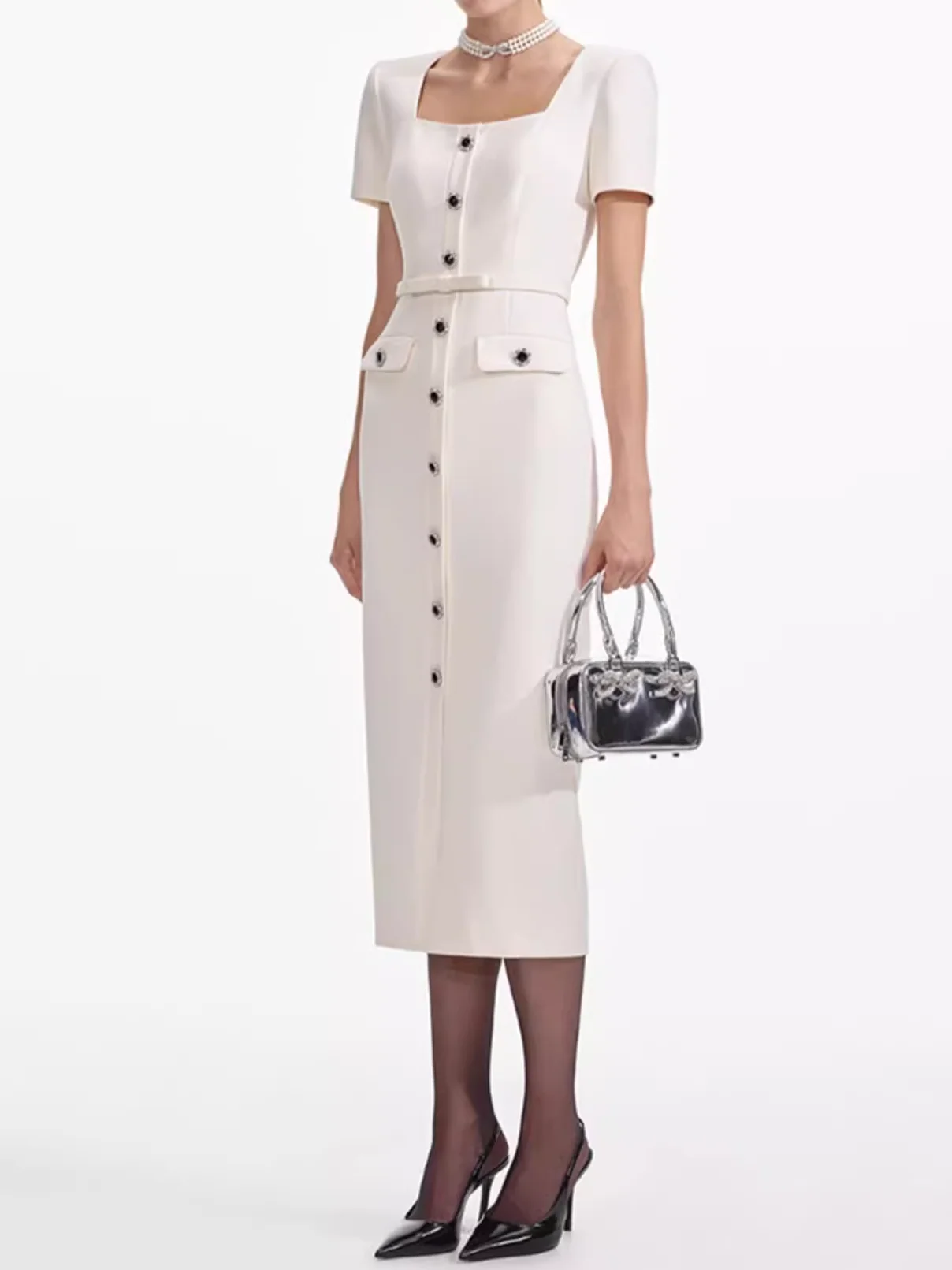 

Solid Color Ladies Midi Dress Square Collar Short Sleeve High Waist Single Breasted Elegant Female Robe