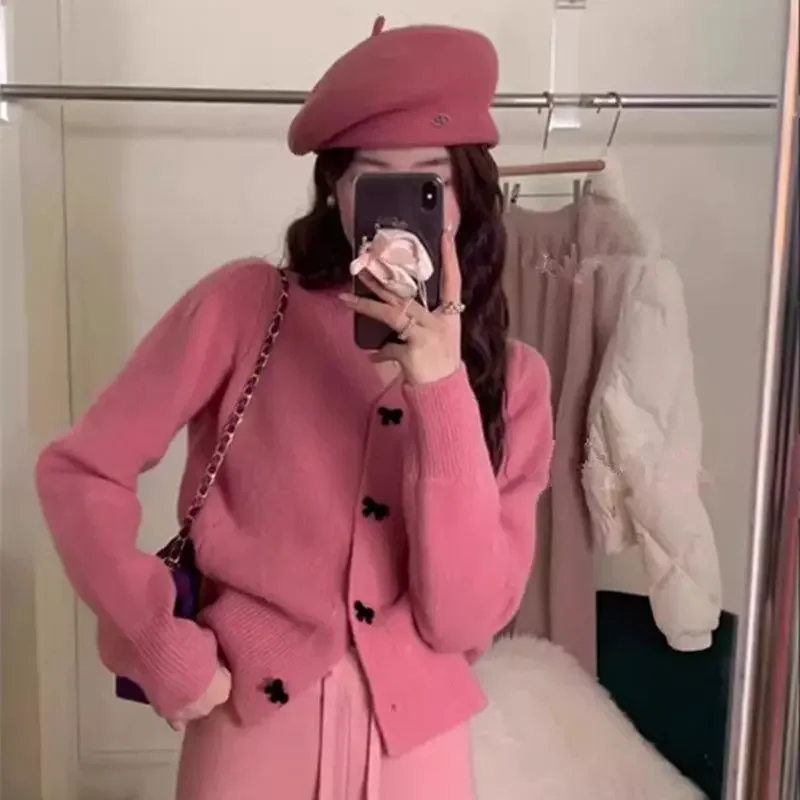 

V-neck Bow Knitting Cardigan Women Autumn Winter Simplicity Loose Sweater Coat Fashion All-match Office Lady Knitwear Tops E6191