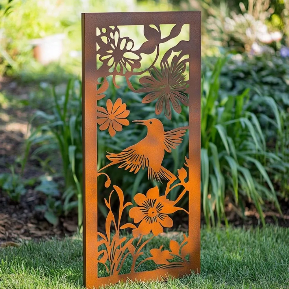 Outdoor 2D Metal Garden Wall Panel Rustic Hummingbird & Floral Art for Garden Yard Decoration