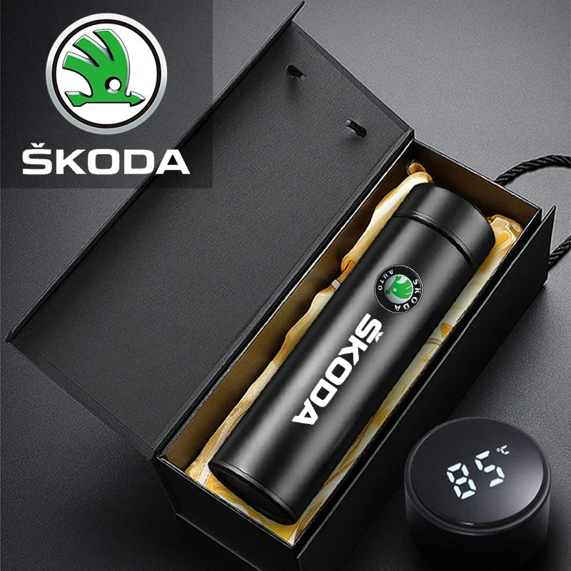 500ml Car Smart Thermos Mug Vacuum Thermos Bottle Accessories For Skoda Octavia Rapid Kodiaq Karoq Fabia Kamiq Superb Derivative