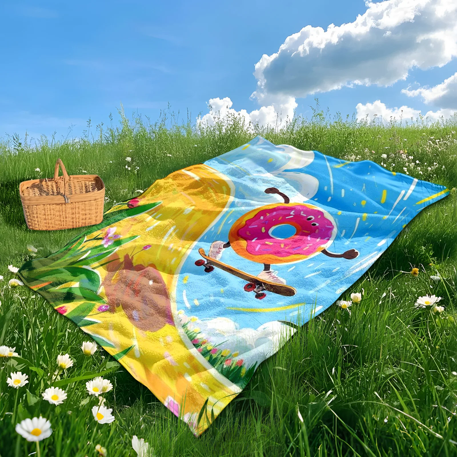 Donut With Sand Dunes Flowers Blue Sky And Skateboard Design Vibrant Outdoor Blanket For Camping Picnic And Adventure Comfort