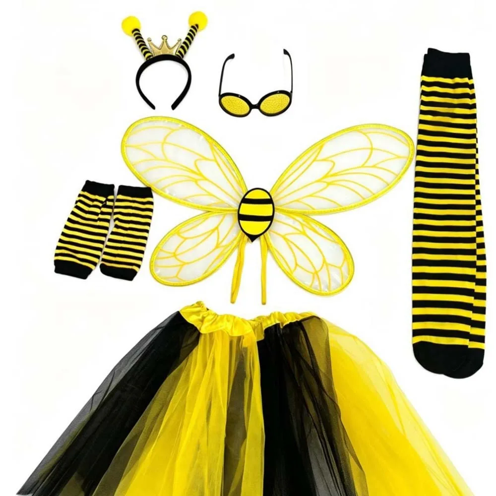Bugs Bee Cosplay Wings Suit Sparkle Handmade Craft Yellow Bee Fly Wings Elastic Straps Insect Kids Party Wings Stage Performance
