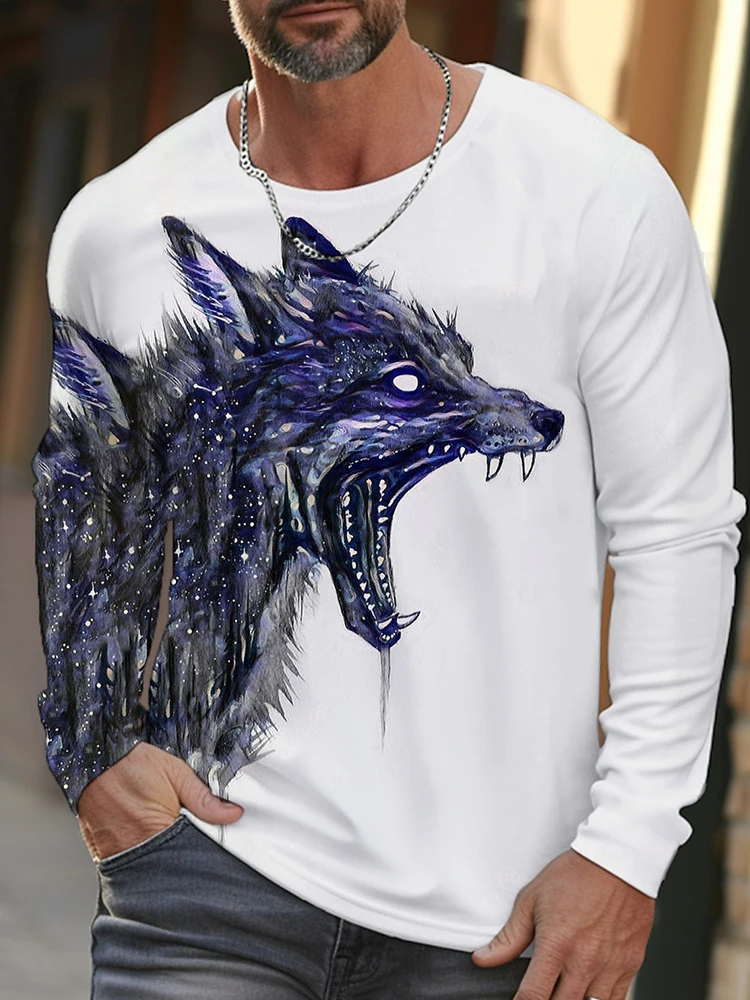 

Мужская модная футболка с круглым вырезом в уличном стиле с 3D принтом волка, осенне-зимний повседневный мужской теплый топ с длинными рукавами