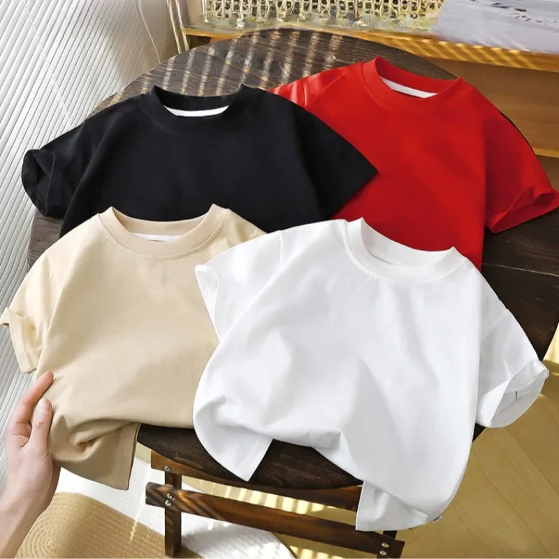 2-10Y Children's Shirts Pure Cotton Short Sleeved Pullover T-shirt Baby Boys Girls Summer Clothes New Students Solid Color Tops