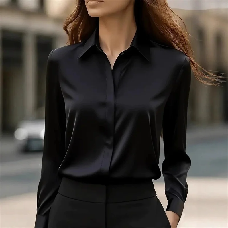 Fashion Elegant Solid Color Lapel Neck Shirt Female 2025 Spring Autumn Simple Style Tops Women's Comfortable Casual Satin Blouse