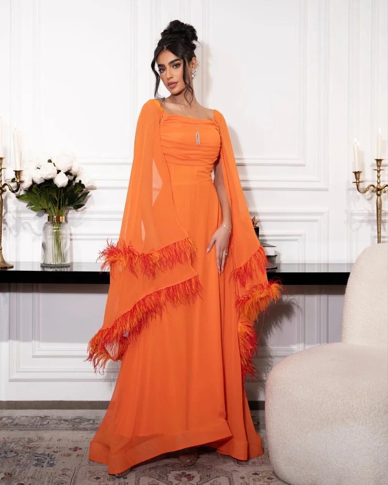 

Long Evening Dress For Sexy Women 2024 فساتين السهرة Elegant Feathers A-Line Floor-Length Orange Cocktail Party Prom Gown