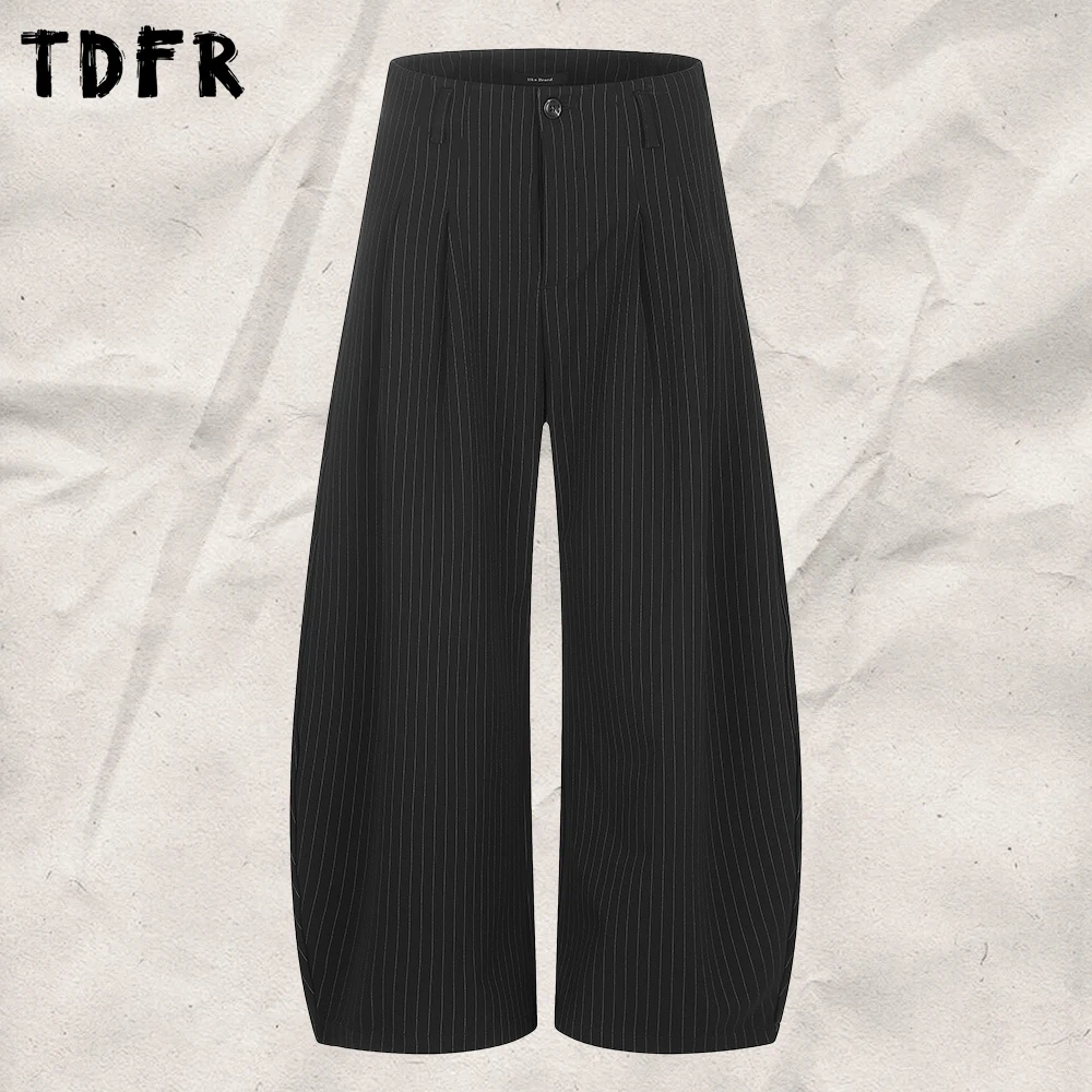 Pinstripe Pleated Trousers Mens Retro Lazy Chic Casual Baggy Scimitar Pants Man