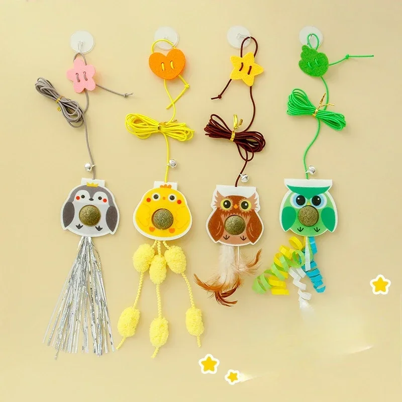 Cartoon Cat Toys Hanging Door Style Elastic Rope Feather Amusing Cat Stick Catnip Toys Interactive Boredom Relief Pet Supplies