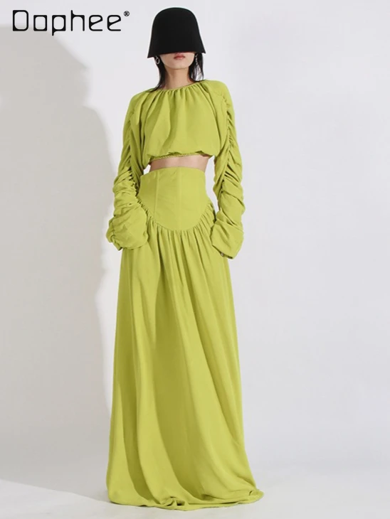 

High-end Elegant Socialite Evening Dresses French Elegant Ruched Long Sleeve Short Round Neck Top A-line Puff Skirt Outfits