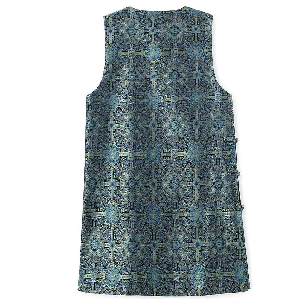 BirdTree-Silk Song Brocade Elegant Vest, O Neck Geometry, Women Vintage Temperament Loose Long Coat, 2026 Autumn New C6O864CC