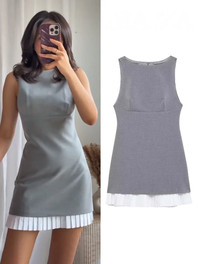 

HH Women's High Street Sexy Dress Grey O-Neck Sleeveless Patchwork Decorate Zipper Female Summer Fashion Mini Dresses