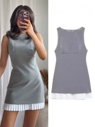 HH Women's High Street Sexy Dress Grey O-Neck Sleeveless Patchwork Decorate Zipper Female Summer Fashion Mini Dresses