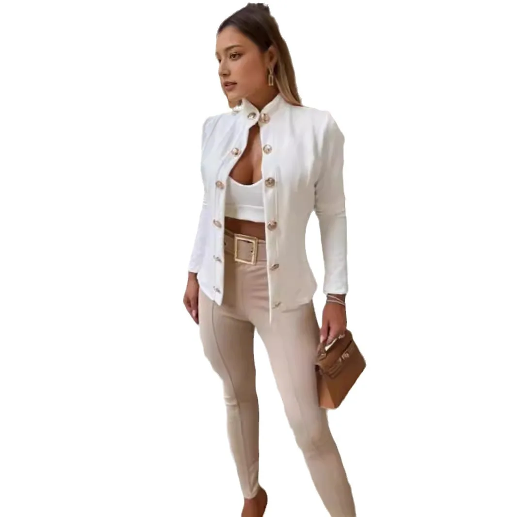 Women\'s Stand-up Collar Blazers Long Sleeve Slim Fashion Double-breasted Small Suit Jacket