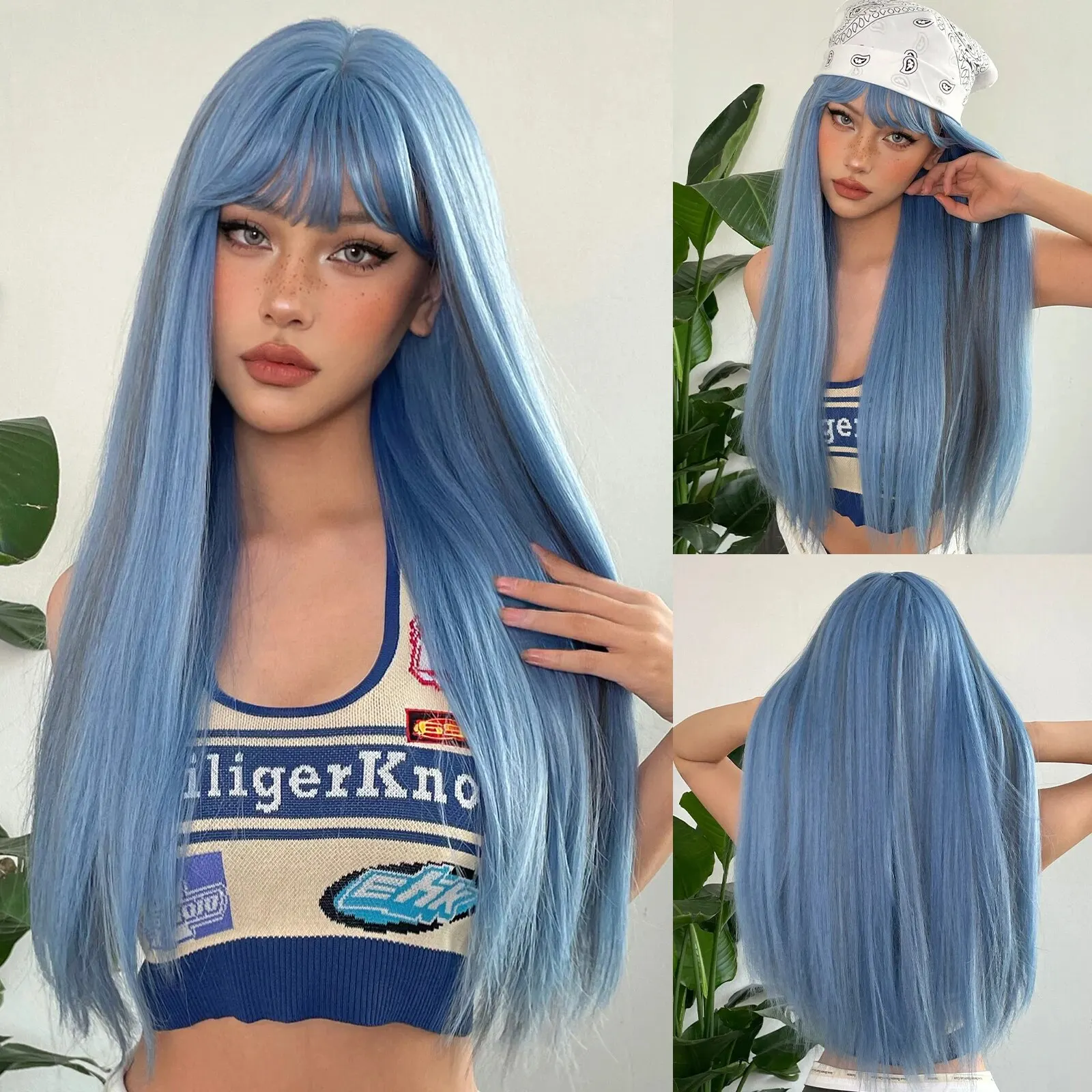 Blue with Grey Highlight Long Straight Synthetic Wigs with Bangs Cosplay Hairs Wig for Women Daily Natural Heat Resistant