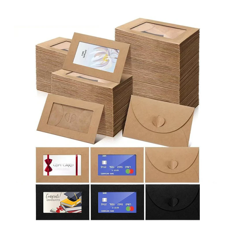 

10 шт., черные конверты из крафт-бумаги с окном из ПВХ, рукав для открытки, упаковочный конверт, поздравительная открытка на день рождения, декоративный конверт