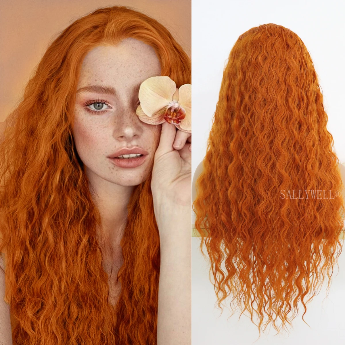 

13x4 Lace Frontal Synthetic Wigs Ginger Orange Deep Wave Frontal Wig with Baby Hair Loose Water Wave Curly Wig