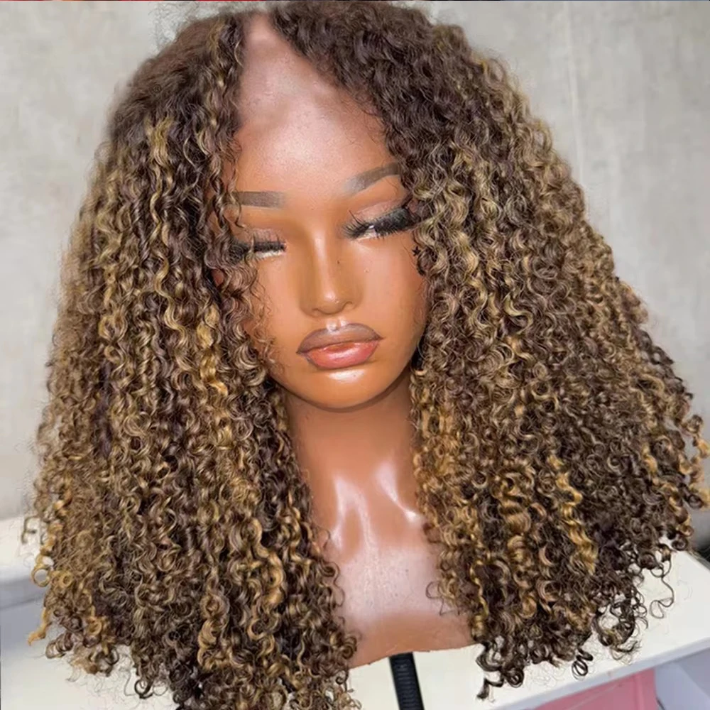 

Highlight Blonde Brown Kinky Curly100% Remy Indian Human Hair Cheap Machine Made Glueless U Part Wig for Black Women V Part Wigs