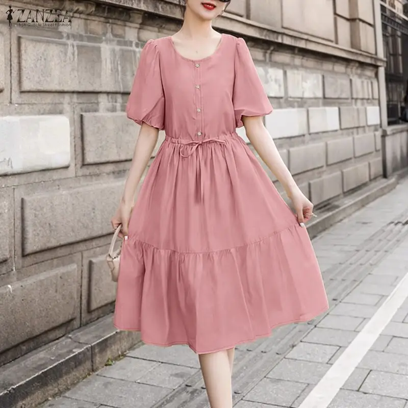 ZANZEA Damen-Sommerkleid, Midi-Teekleid, U-Ausschnitt, kurze Puffärmel, Kordelzug an der Taille, Babydoll-Kleid, Urlaub, Freizeit, Roben, Femme