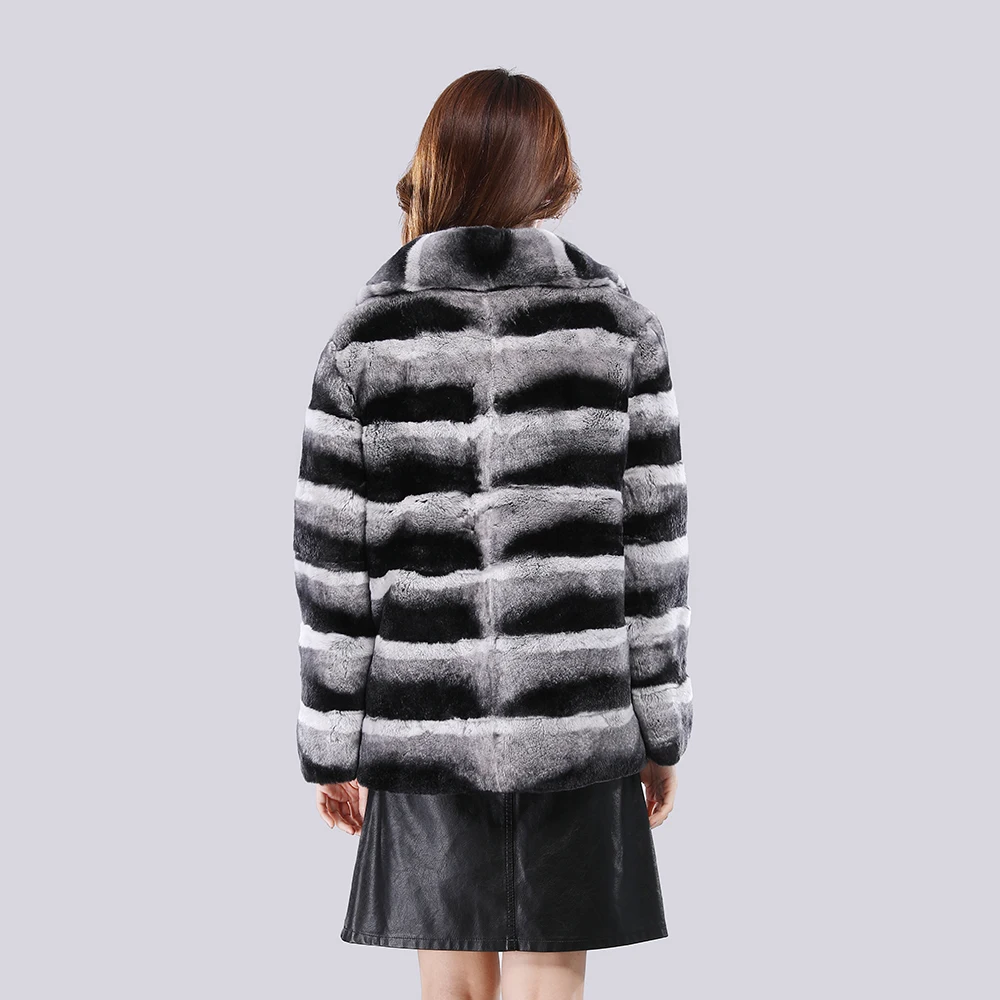 2024 Winter Women Real Fur Coat Large Lapel Collar Short Rex Rabbit Jacket Full Pelt Fur Chinchilla Color Thick Warm Women Coat