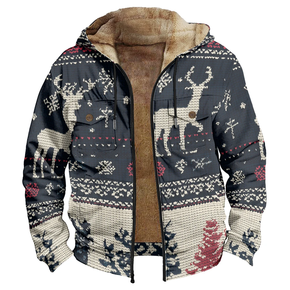 Festive Nordic Reindeer Print Fleece-Lined Hooded Jacket Snowflake Geometric Warm Winter Coat Button Pockets Holiday Outerwear