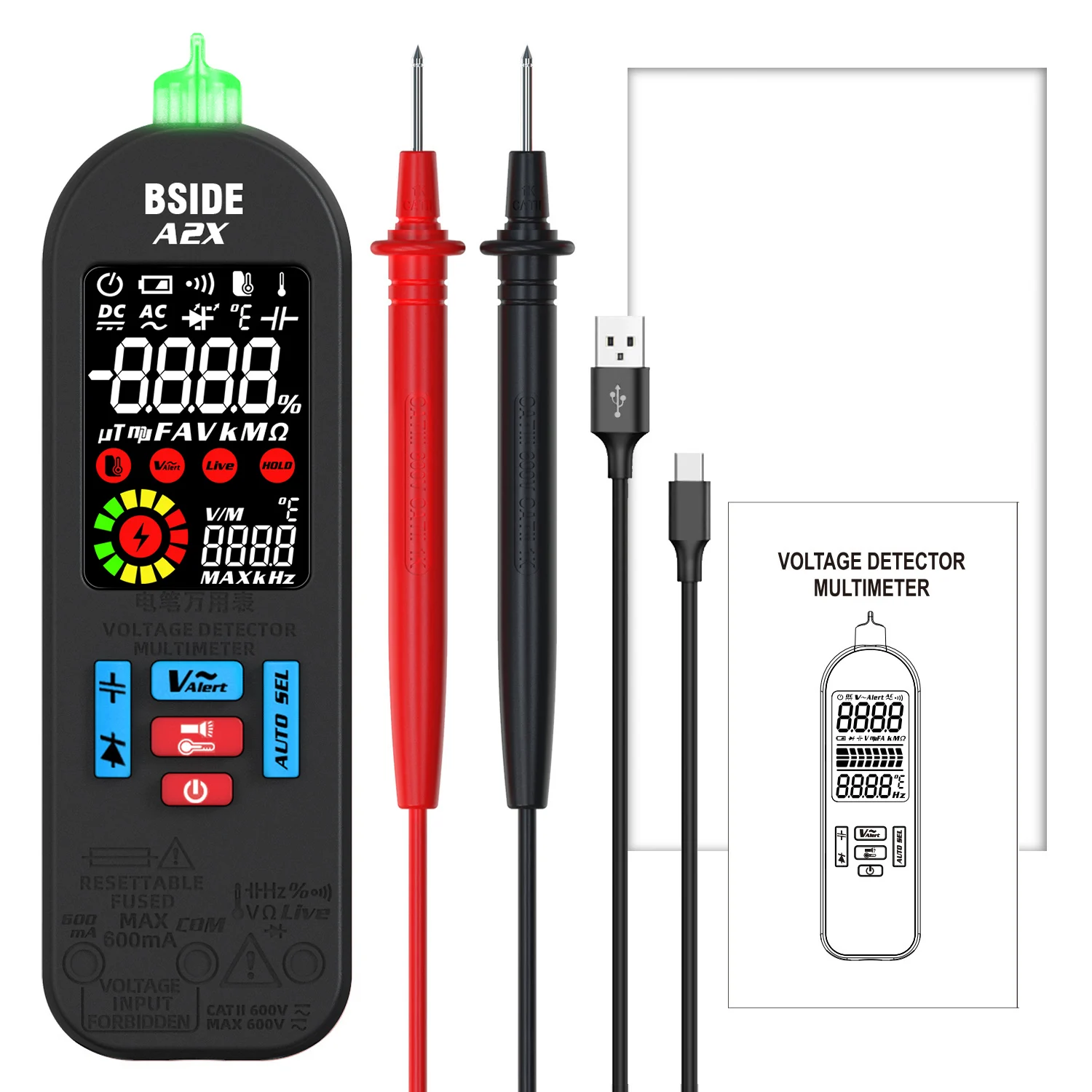 BSIDE A1 Slimme digitale multimeter Elektrische tester Zakspanningstester 3 soorten display Automatisch bereik Contactloze spanningsdetectie