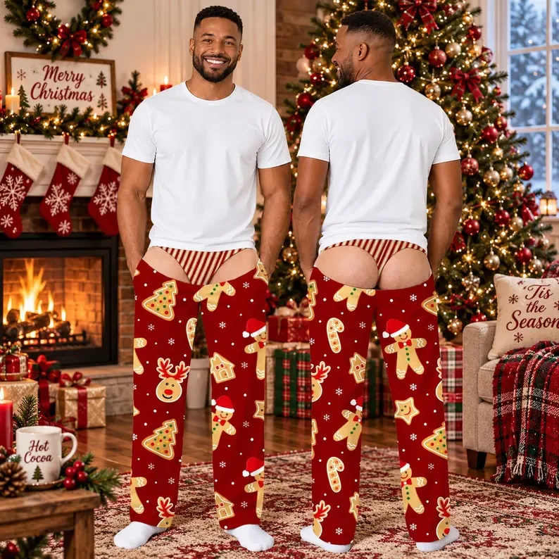 Unisex Red Christmas Cookies Reindeer Humorous Fake Buttocks Brown Striped Thong 3D Printed Design Christmas Party Fun Pants