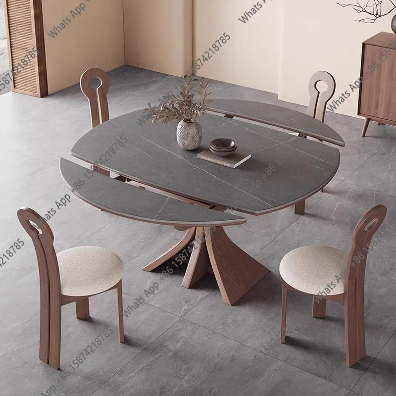 Rock slab solid wood dining table variable round table antique household small apartment 2025 new telescopic folding round dinin