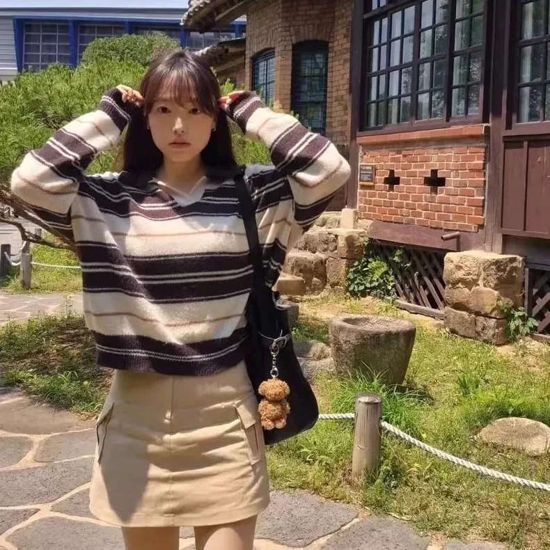 Retro Sle Loose Fit Ne Strickpullover Farbe Blo Gestreiftes Oberteil Weicher, bequemer Damen Long Sve Crew Ne Pullover