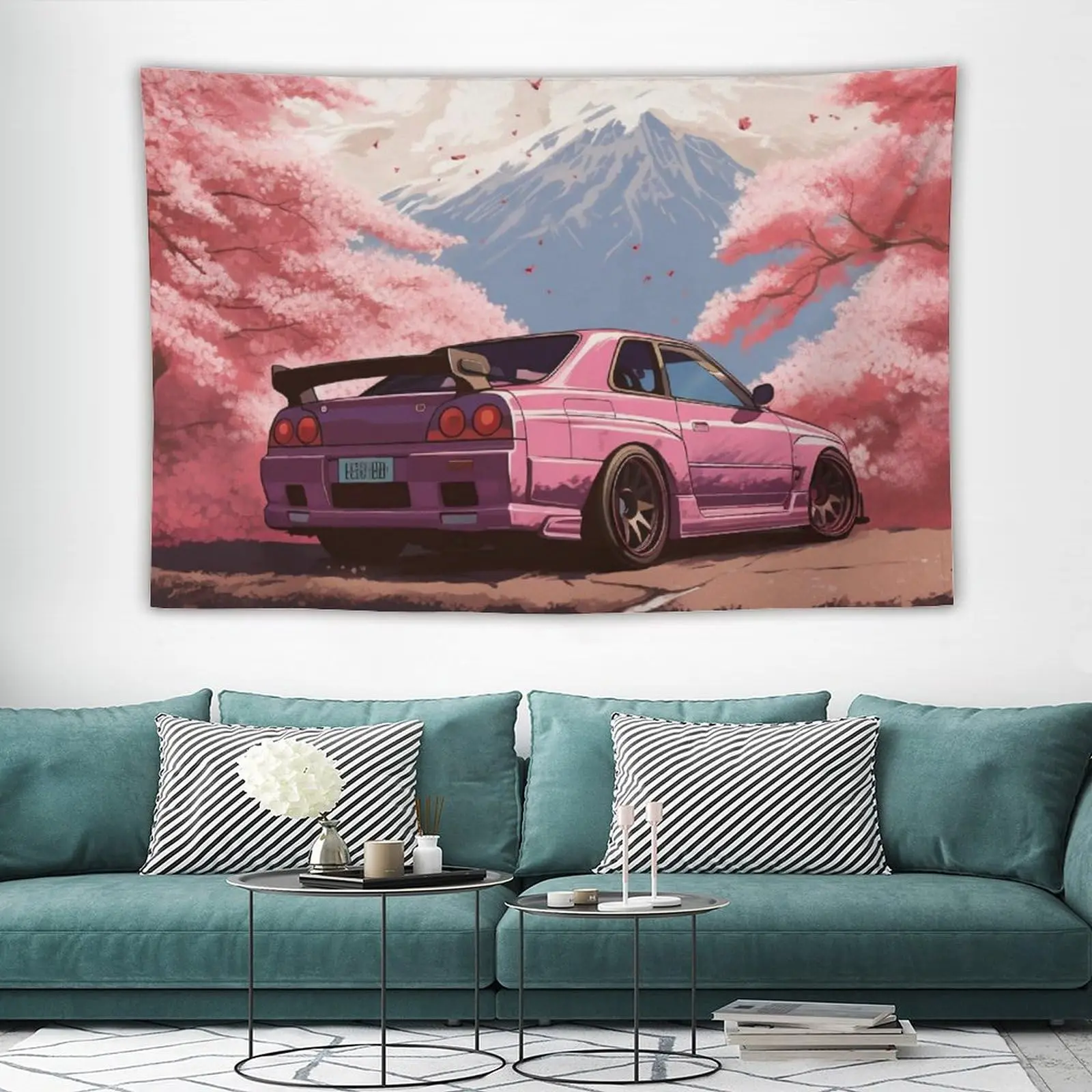 Rosa Kirschblüten-Auto-Wandteppich |   Wandkunst-Dekor für Schlafzimmer, Wohnzimmer, Wohnheim (flacher Druck)