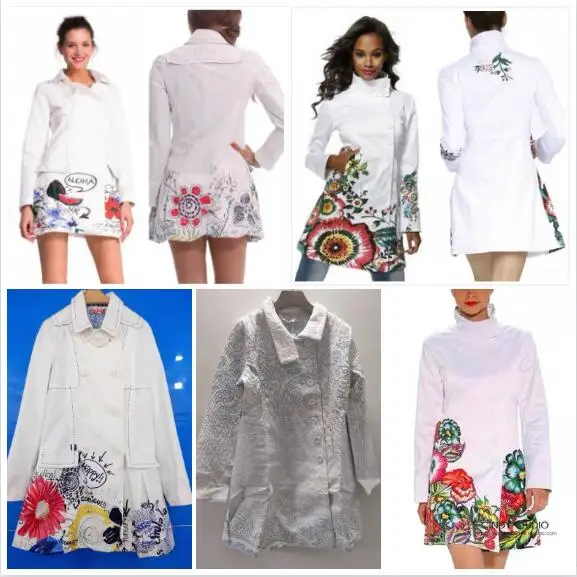 

Foreign Trade Original Order Spain New Women's Windbreaker Coat White Print Embroidery Mid length Slim Fit Coat