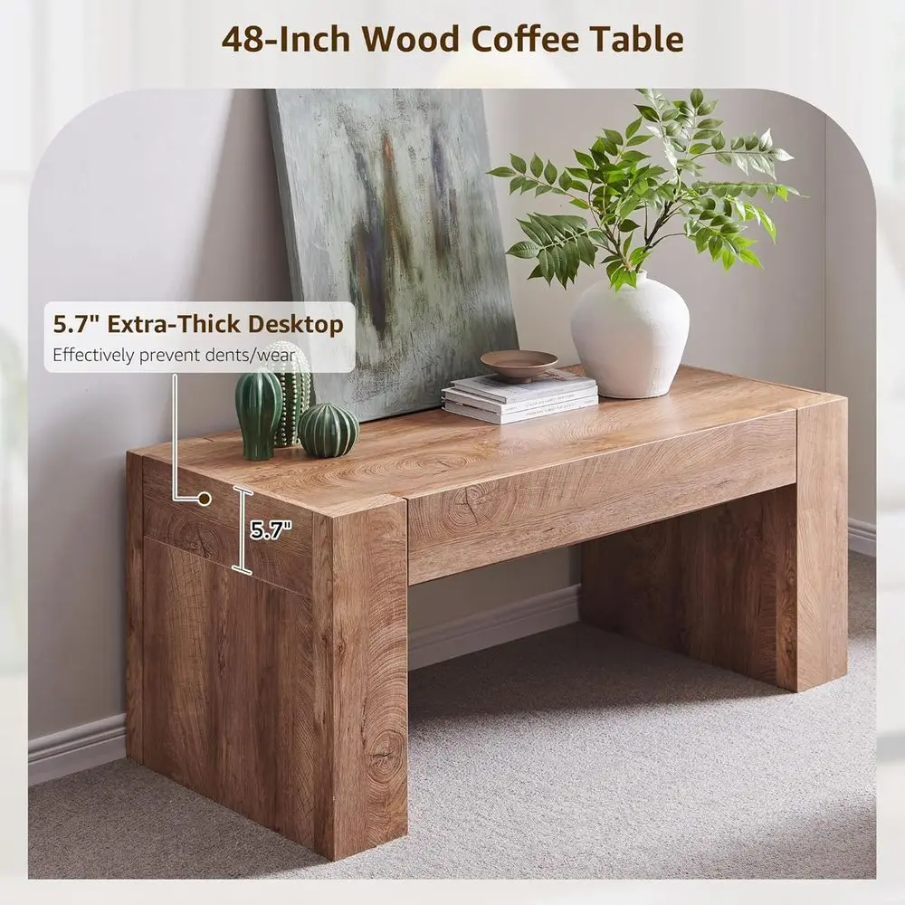 Modern Farmhouse Coffee Table, Wooden Living Room Table with Hidden Storage Drawer, Rustic Rectangular Center Tables w/Wood Thic