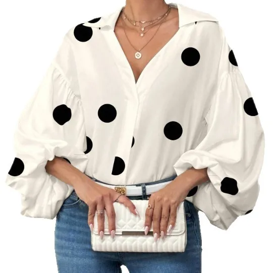 2025 Primavera Autunno Nuovo Alla Moda Polka Dot Mezza Colletto Camicia da Donna Casual Allentato Bolla a maniche lunghe Ufficio Magliette E Camicette Femminile