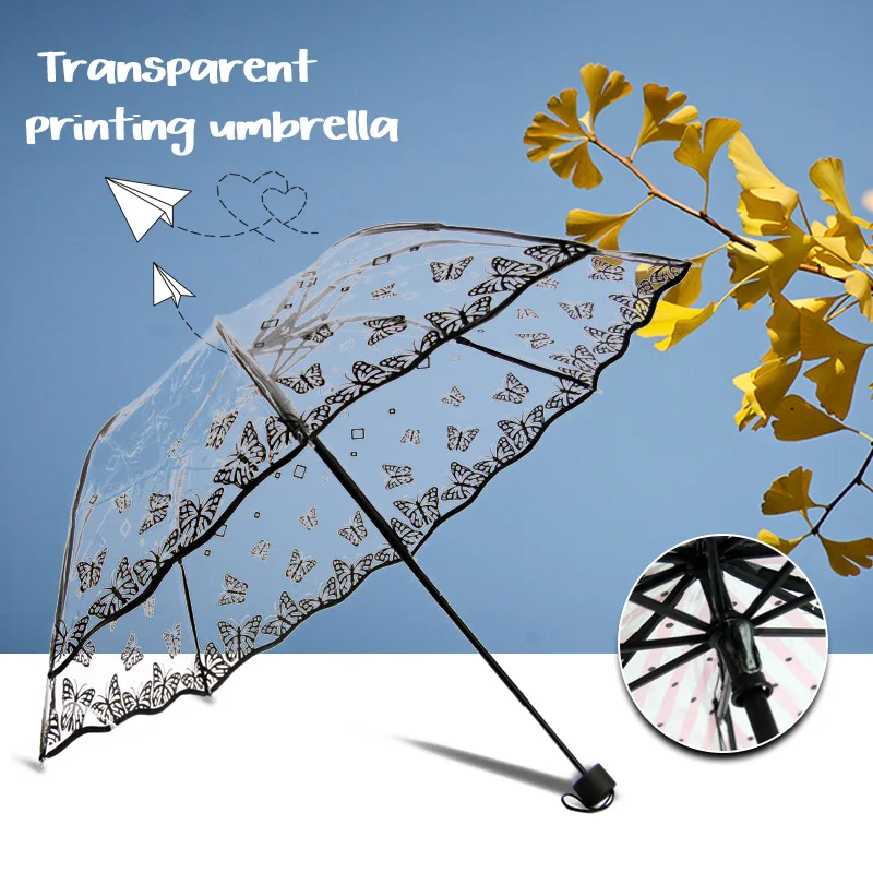 Creative Transparent Long-handle Rain Umbrella Ultra Light Women Kids Parasol Sunny Umbrella Semi-automatic Princess Umbrellas