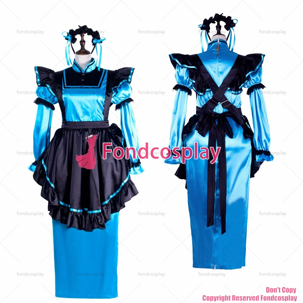 

fondcosplay adult sexy cross dressing sissy maid long blue satin dress lockable Uniform black apron costume CD/TV[G2303]