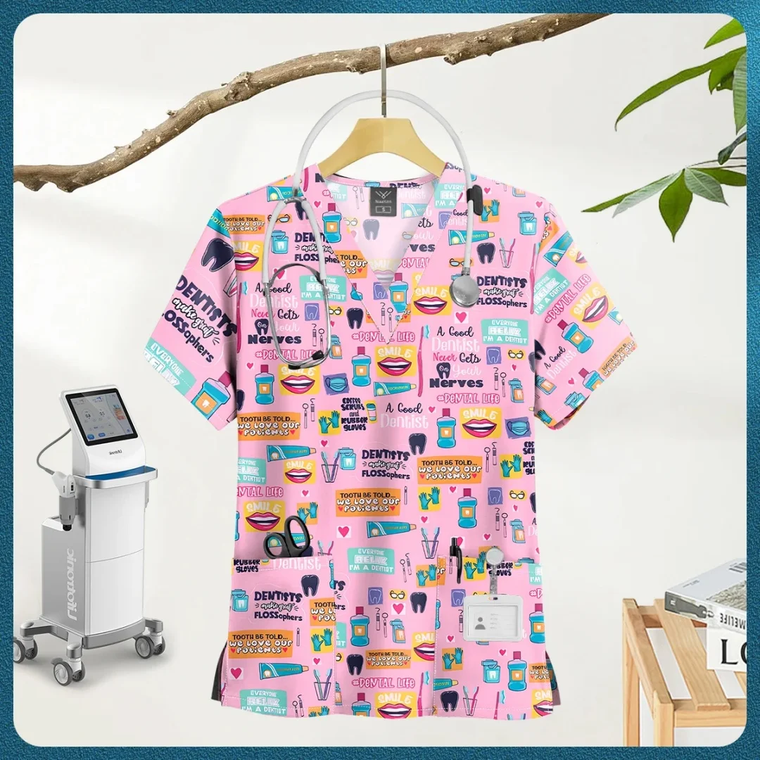 어린이용 동물 프린트 의료복 빠른 건조 통기성 반팔 상의 여름 여성용 루즈 캐주얼 간호사 유니폼