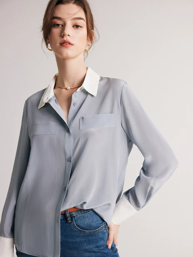 SuyaDream, Women Chic Shirts, 100%Silk Crepe De Chine, Single Breasted, Solid Blouses, 2024 Spring Summer Office Lady Top