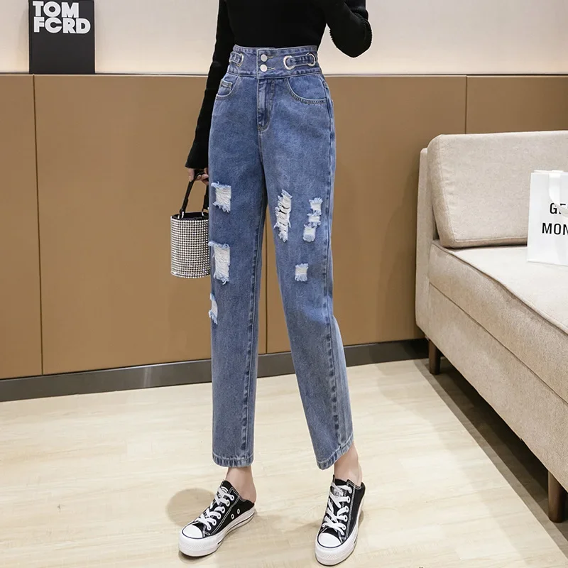 Fashion Vintage Hole Style Jeans Y2k Women Street Indie Loose Straight Pants High Waist 2024 New Spring Autumn Ankle-Length Pant