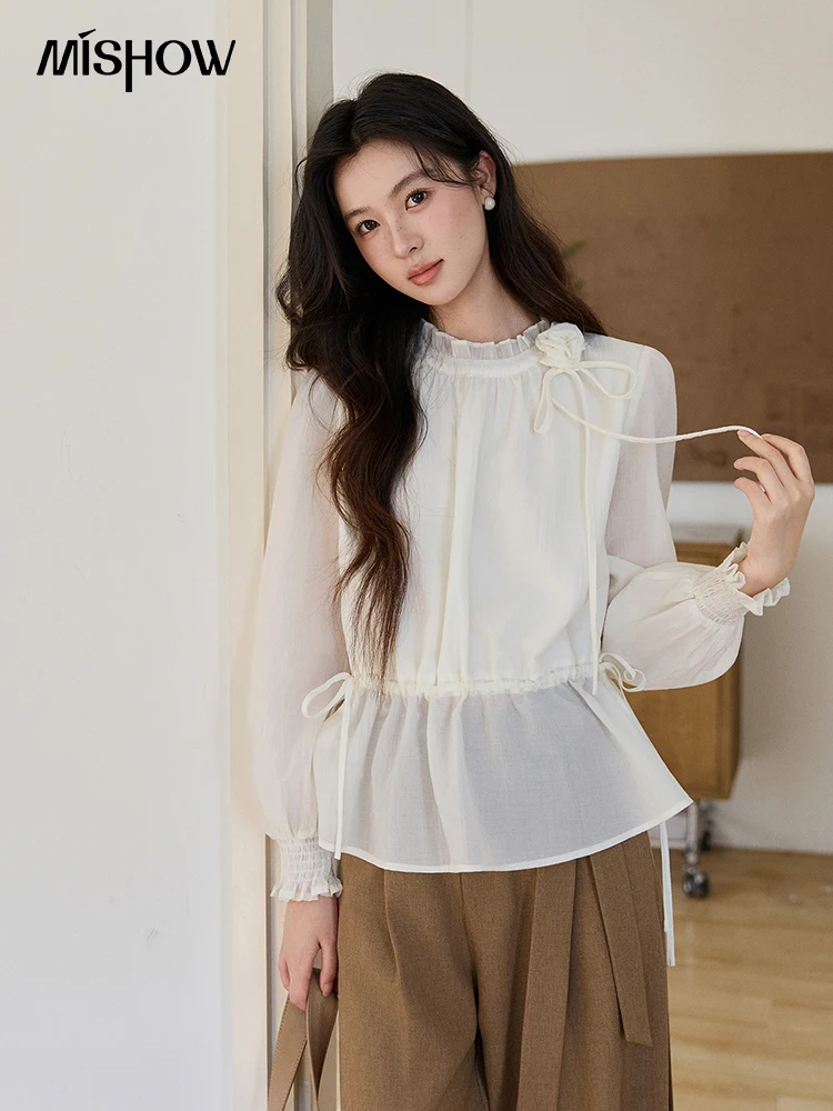 

Женская блузка MISHOW с воротником-стойкой и рюшами, весна 2026, с цветочным декором, абрикосовая, с завязками на талии, пышными рукавами, топ MXF11C2428