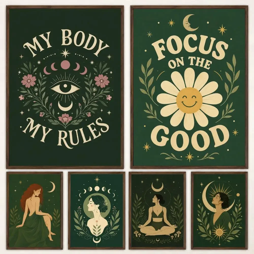 Mystical Feminine Celestial Pattern Feminine Green Celestial Poster Self‑Adhesive Waterproof Poster Sticker Wall Art Home Decor