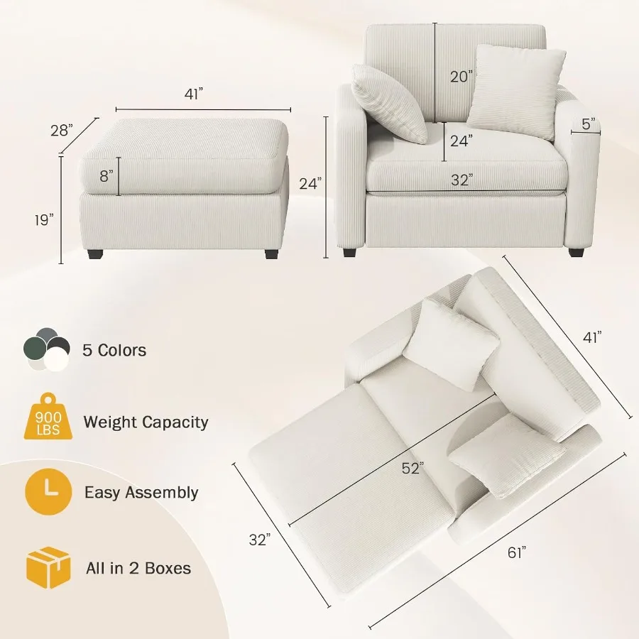 42 Oversized Chise Lounge Chir Indoor Corduroy Upholstered Cloud Sof Bed with Throw Pillows nd rmrests Comfy Leisure Plush Chir