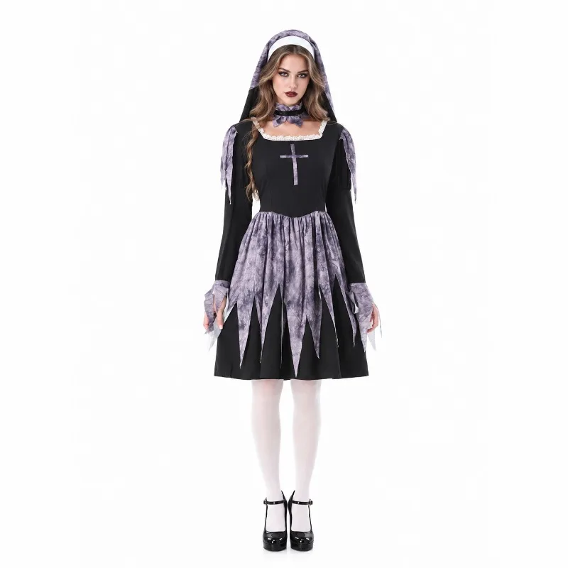Halloween Gothic Nun Cosplay Costume for Ladies, Dark Purple Cross Print Dress Set for Carnival Masquerade Theme Party Outfits - view 6
