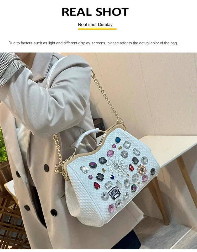 Genuine Leather Diamonds Women Handbags 2023 New Fashion Lady Tote Bag Colorful Crystals Chain Shoulder Messenger Bags