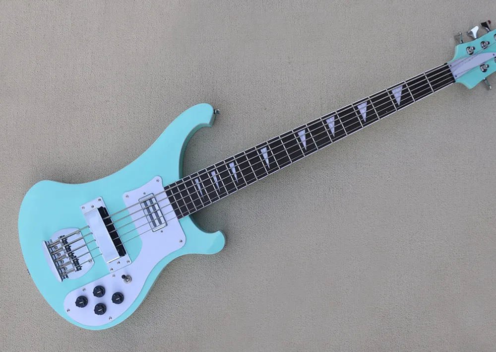 Blue body 5 strings Electric Bass Guitar with White Pickguard,Rosewood Fingerboard,Chrome Hardware,Provide custom service